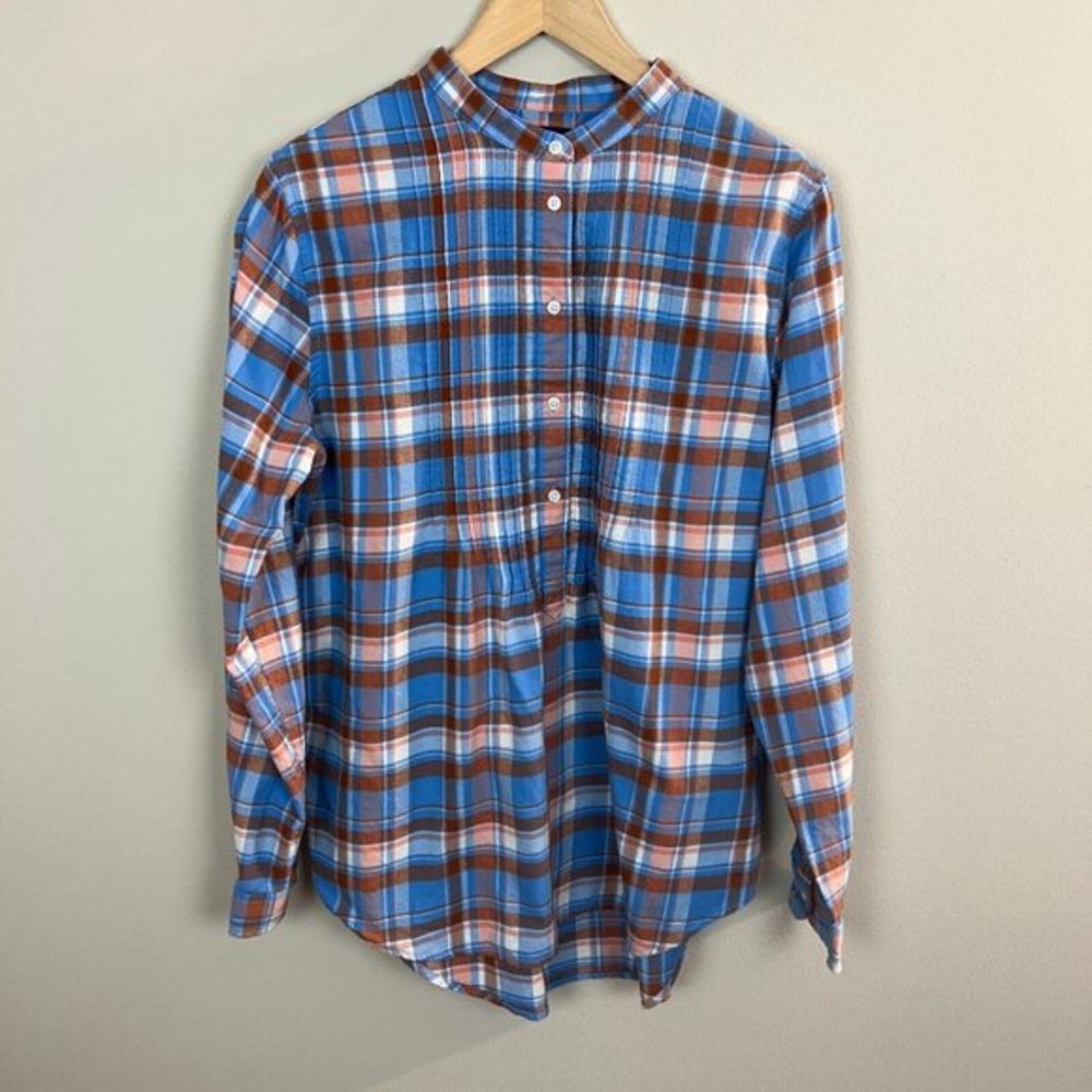 Lands End Flannel Shirt 14 Women Plaid Orange Blue‎ Popover Long Roll Tab Sleeve